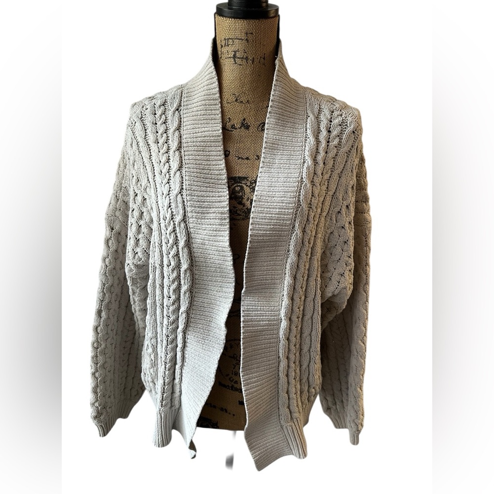 Abercrombie & Fitch Cardigan Women Gray Knit Pointelle Open Front Sweater